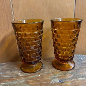 Vintage Amber Whitehall Indiana Glass Cubist Stemware Glasses 6" 12 oz. Set of 2